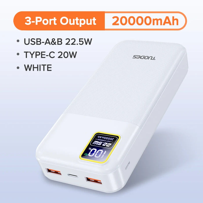 Tuodes Power Bank 20000mAh PD20W External Large Battery Capacity 22.5W Fast Charging Portable Charger For iPhone Samsung Xiaomi