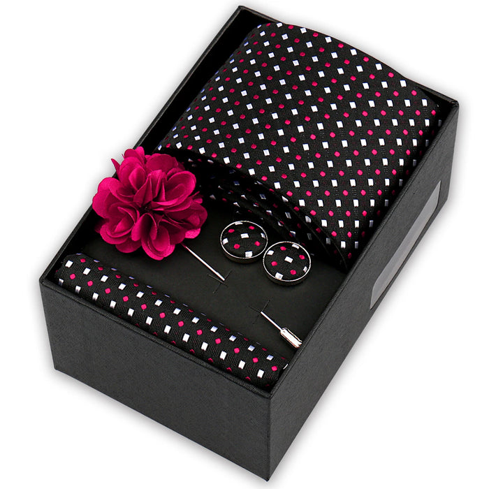 Men's tie gift set, style BBJ-07: tie, pocket square, cufflinks and pins in a gift box