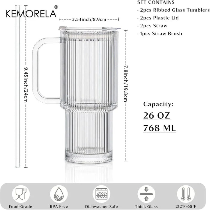 760ML Ribbed Glass Tumbler with Handle Lid 1/2PCS Large Iced Coffee Cups with Straws Modern Glass Mug for Cold & Hot Beverages