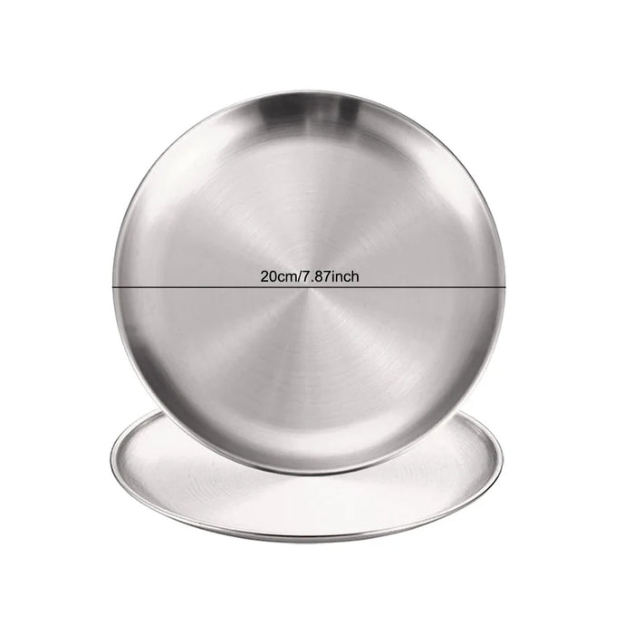 2Pcs Stainless Steels Round Silver Shallow Tray Plate Rust-Proof 14/17/20/23/26/30cm Camping Plate BBQ Picnic Dishes Cookware