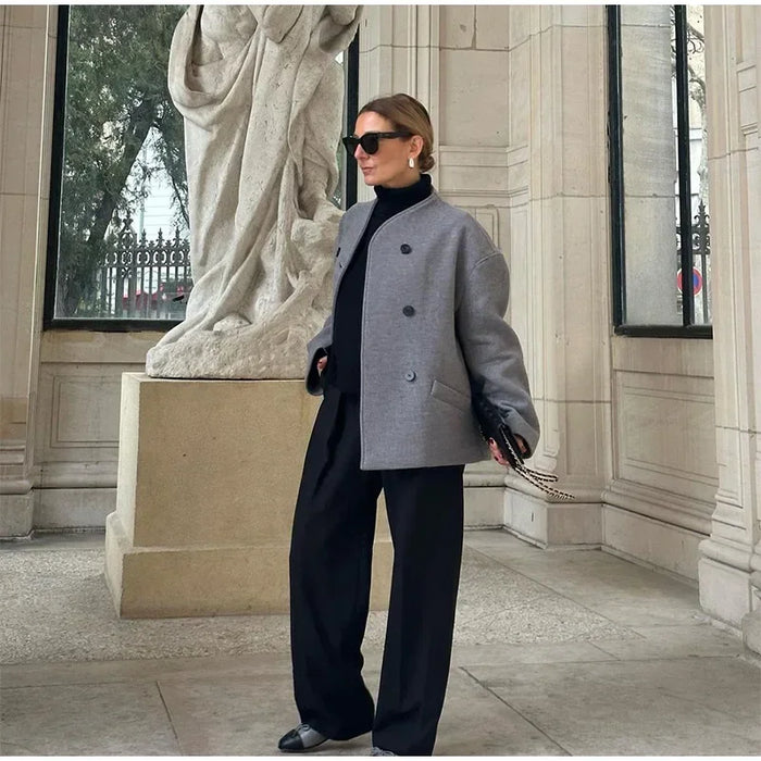 Retro Loose Casual Woolen Coats Double Breasted Stand Collar Short Jacket