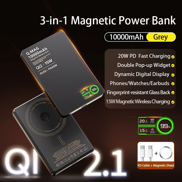 10000mAh Ultra Thin Magnetic 3 in 1 Wireless Power Bank 20W USB C Fast Charging External Battery for iPhone Airpods Apple Watch