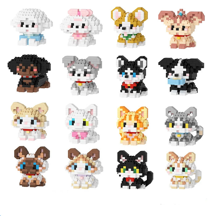 Grid of 16 dog and cat micro building block figures