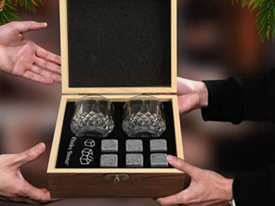 Christmas Valentine's Gift Whiskey Stones Glasses Set Granite Ice Cube For Whisky in Wooden Bottle Box Present For Dad Husband