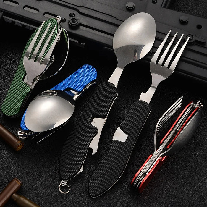 4 in1 Foldable Camping Utensil Set Multi-Functional Knife Fork Spoon Bottle Opener for Outdoor Survival Sports Camping Hiking