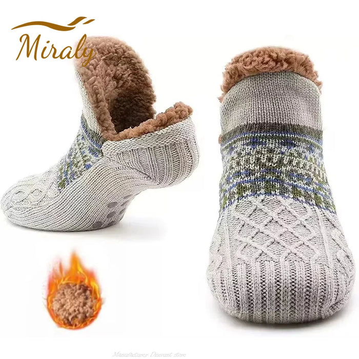 Grey Fair Isle slipper socks with plush lining