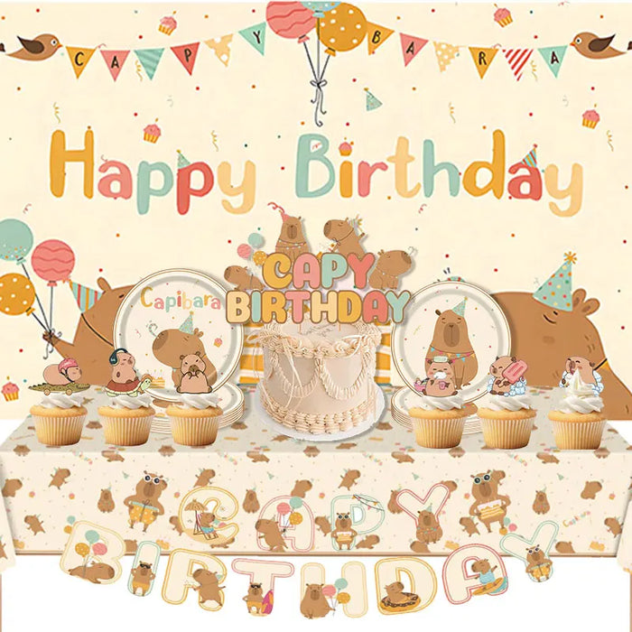 Capybara Birthday Decoration Cartoon Tableware Cups Plate Napkin Balloons Capybara Theme Birthday Party Decoration Supplies Kit