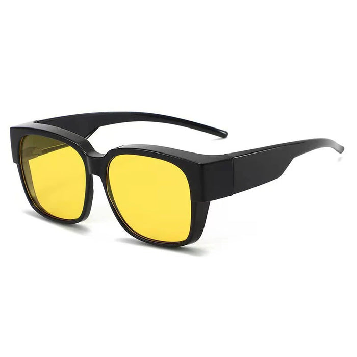 Black fit-over sunglasses with yellow lenses, side view