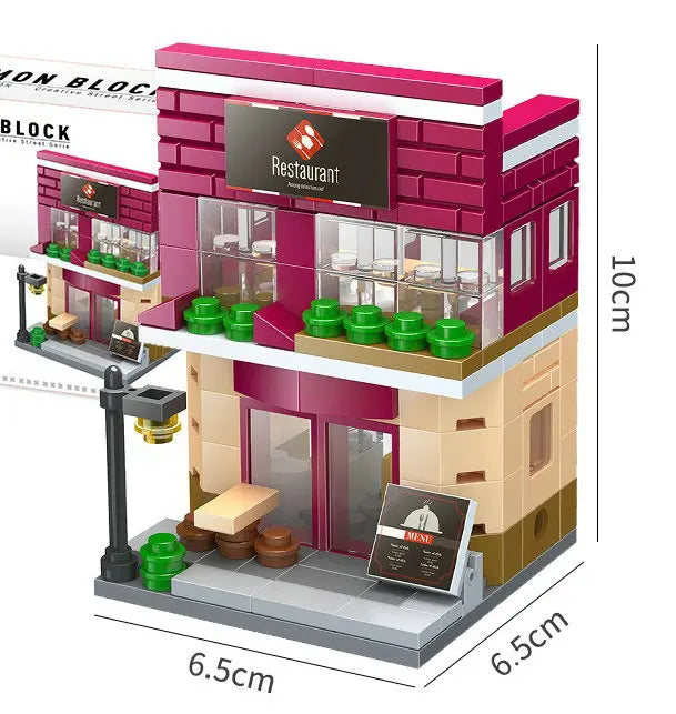 Pink restaurant building block model with patio, 10 cm tall