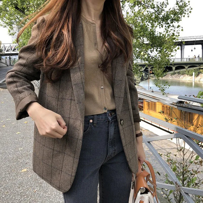 Plaid Blazer Women Jacket Korean Style Slim Long Sleeve