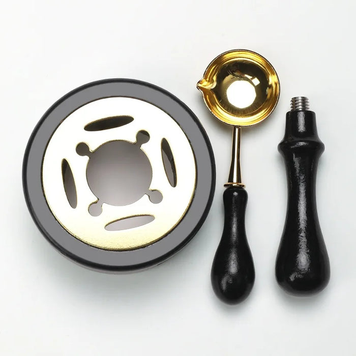 Wax seal melting stove and spoon: 3-Piece Set, Black