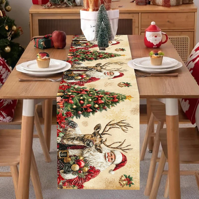 Christmas table runner with Santa and tree print down the centre of a table