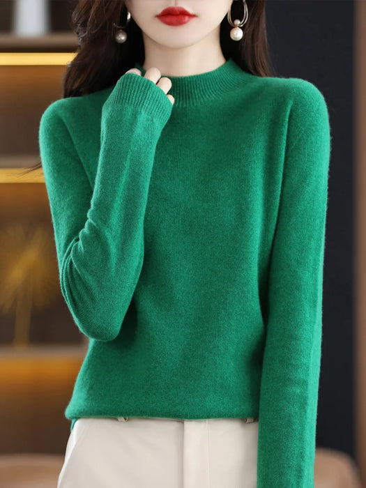 Fashion 100% Wool Sweater Women's Mock-Neck Knitwear Cashmere Pullovers Autumn Winter Long Sleeve Jumpers Clothing Tops
