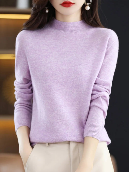 Fashion 100% Wool Sweater Women's Mock-Neck Knitwear Cashmere Pullovers Autumn Winter Long Sleeve Jumpers Clothing Tops