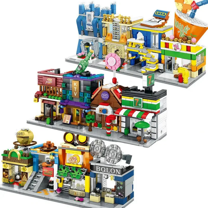 Three rows of mini city street shop building block models