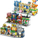 Three rows of mini city street shop building block models