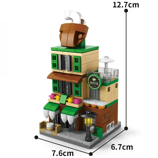 Coffee house building block model with a cup on the roof, 12.7 cm tall