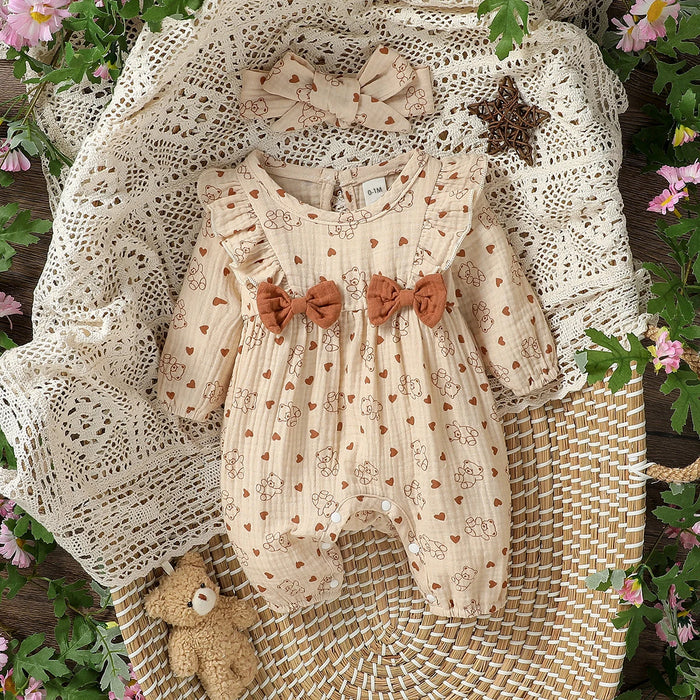 Baby Girl's All Seasons Long Sleeve Print Floral With Bow Daily Jumpsuit For Newborn-6M Clothes +Headband
