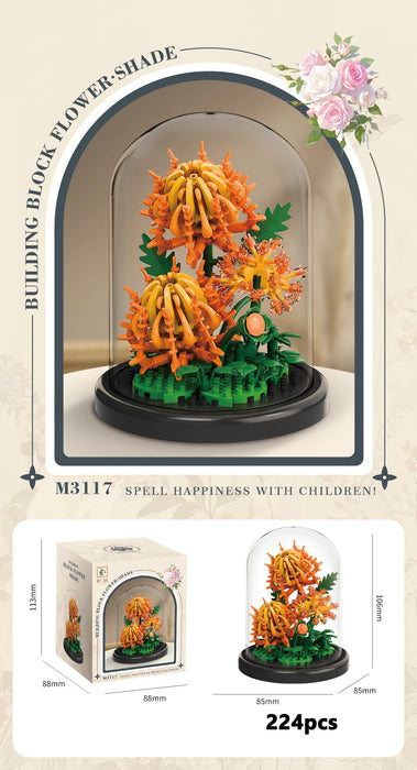 Orange chrysanthemum bouquet with dome and colour box, 224 pieces