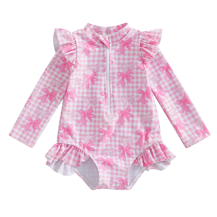 Kids Baby Girl Summer Swimwear Floral Print Backless Ruffles Long Sleeve Bodysuit Bathing Suit Girls Beachwear 0-4 Years