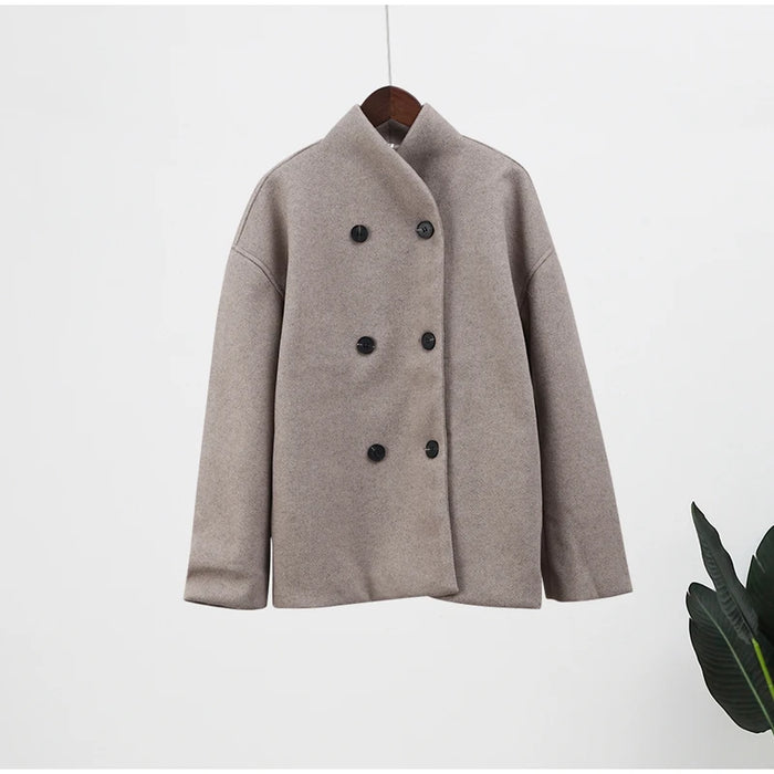 Retro Loose Casual Woolen Coats Double Breasted Stand Collar Short Jacket