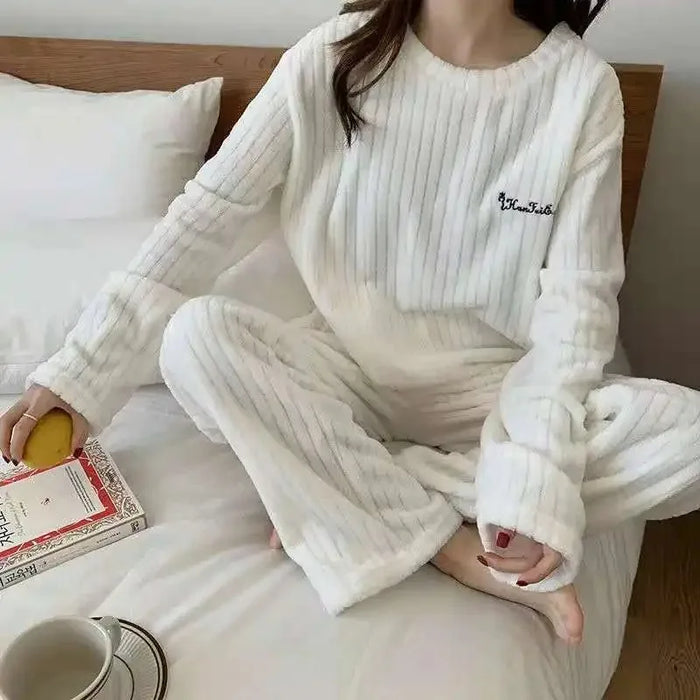Women Coral Velvet Jacquard Pajama Set Soft Warm Winter Loungewear Comfortable Homewear for Christmas Valentine's Day Gift