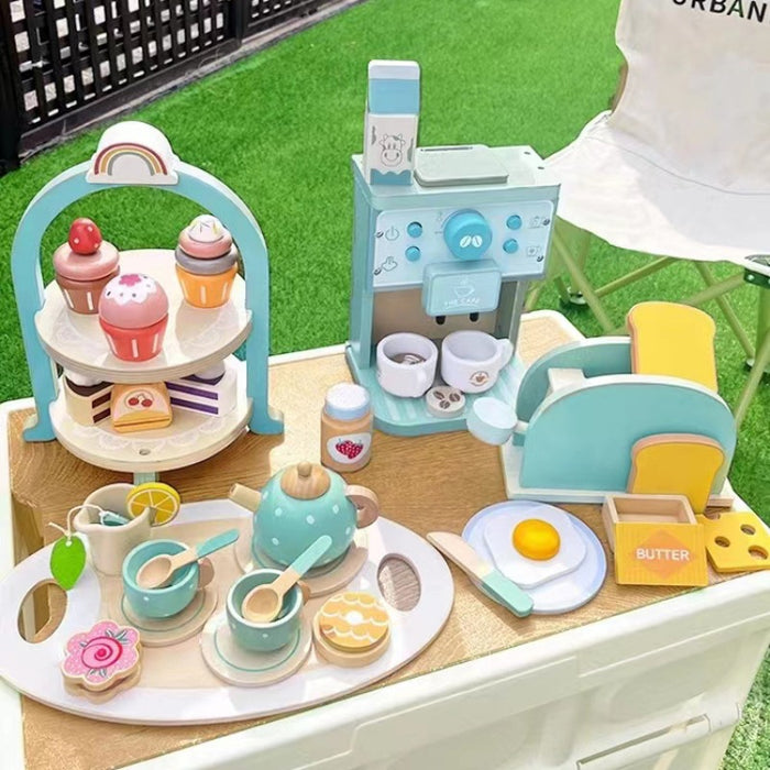 Wooden Simulation Dessert Rack Afternoon Tea Set Toy Pretend Play Food Learning