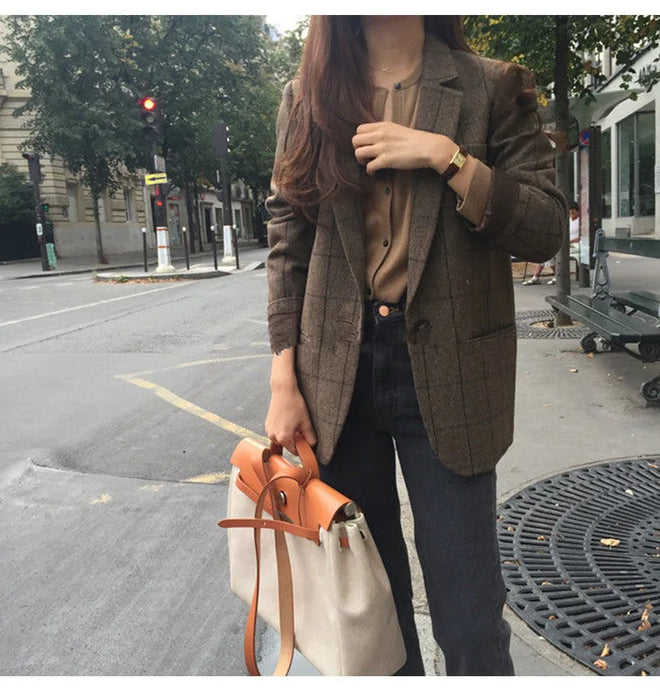 Plaid Blazer Women Jacket Korean Style Slim Long Sleeve