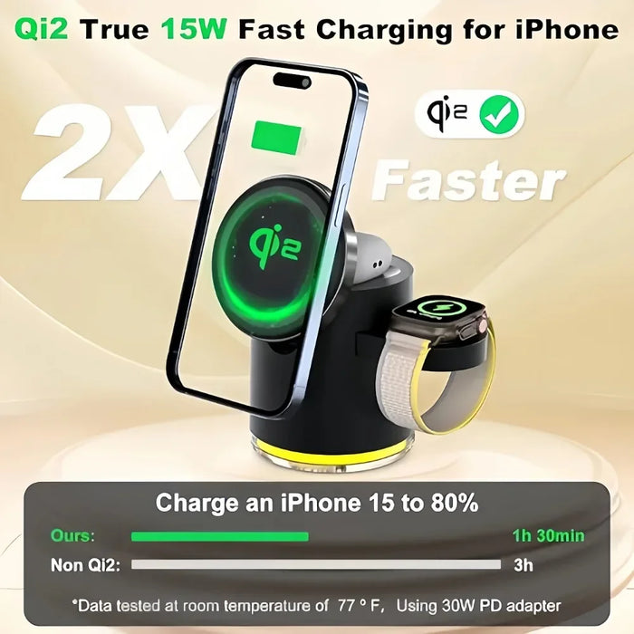 Foldable 4 in 1 Qi2 15W Magnetic Wireless Charger Fast Charging Station for Magsafe iPhone16/15/14/13/12 Apple Watch AirPods Pro