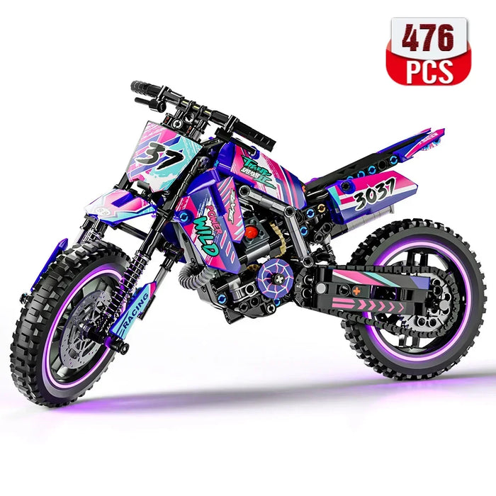 Purple and pink dirt bike building block model, 476 pieces, side view