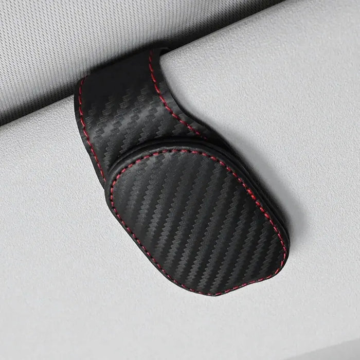 Car visor sunglasses holder: Carbon Fibre Black, Red Stitching