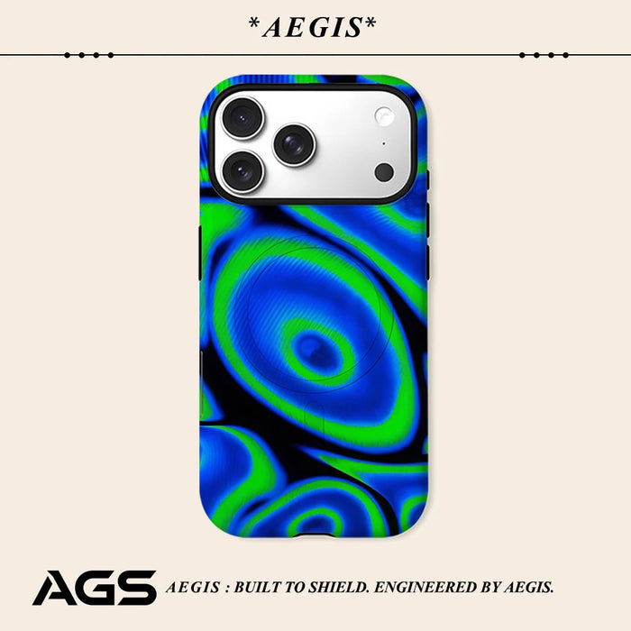 Aegis case Protective Bumper for Magnetic Magsafe for iPhone 17 16 15 14 Plus 13 Pro Max Hard PC  Neon Green and Blue Abstract