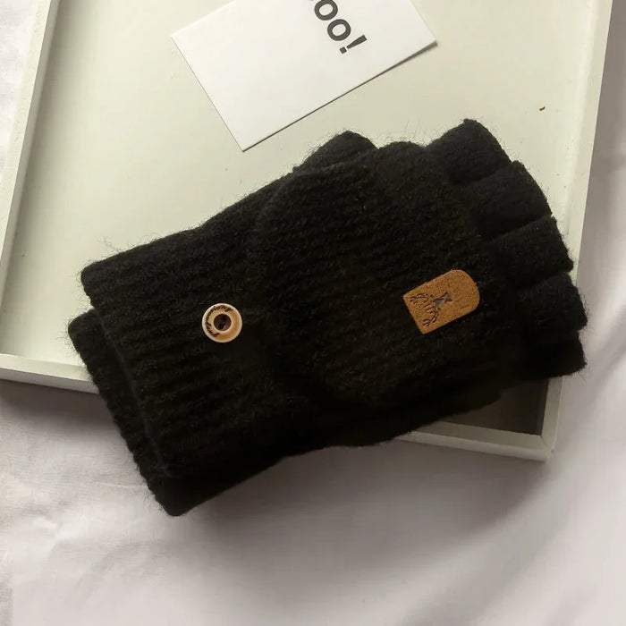 Black fingerless knit gloves with a mitten flap