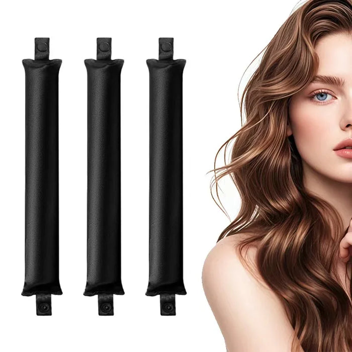 Three black satin curling rods beside a woman with wavy hair