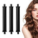 Three black satin curling rods beside a woman with wavy hair