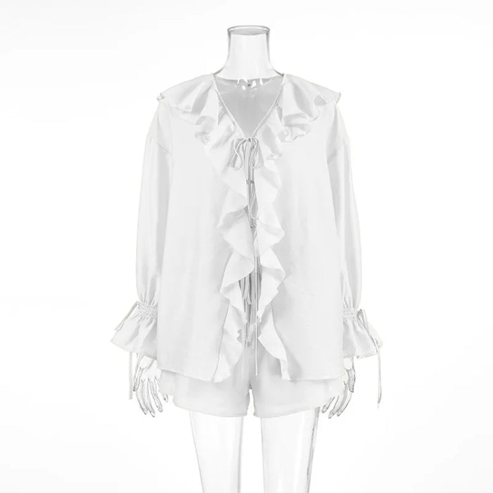 Tuularose New Casual Shorts Two-piece Set Women's Ruffled Loose Tie Top Simple Shorts Set Office Lady Summer Female Shorts Set