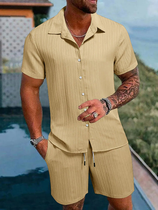 Man in a khaki textured shirt and shorts set