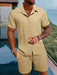 Man in a khaki textured shirt and shorts set