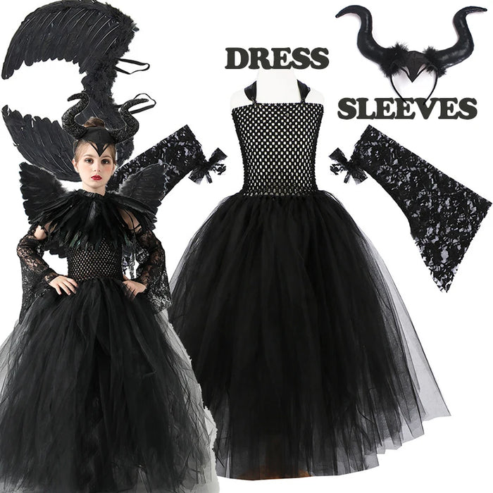 2026 New Halloween Costume Tulle Dress for Girls Cosplay Evil Queen Black Mesh Princess Dress Kids Clothes