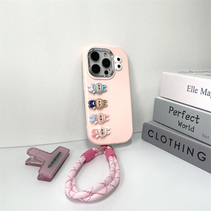 3D labubu Cartoon Phone Case For iPhone 16 15 14 13  Plus Pro Max With Wrist Strap Cute Eyes Soft Cover
