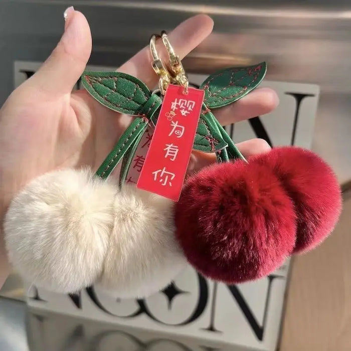 Cute Soft Fluffy Red Rabbit Fur Ball Pompom Leaf Keychain Cherry Key Chain Bag Key Car KeyChains Dec Pendant Gift