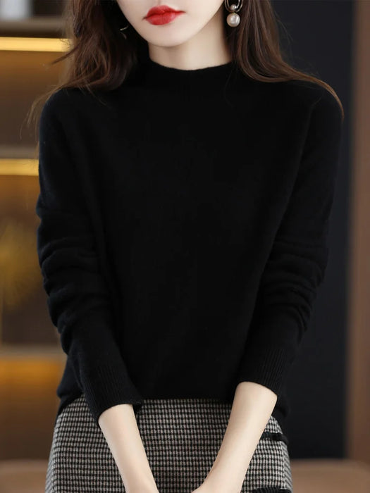 Fashion 100% Wool Sweater Women's Mock-Neck Knitwear Cashmere Pullovers Autumn Winter Long Sleeve Jumpers Clothing Tops