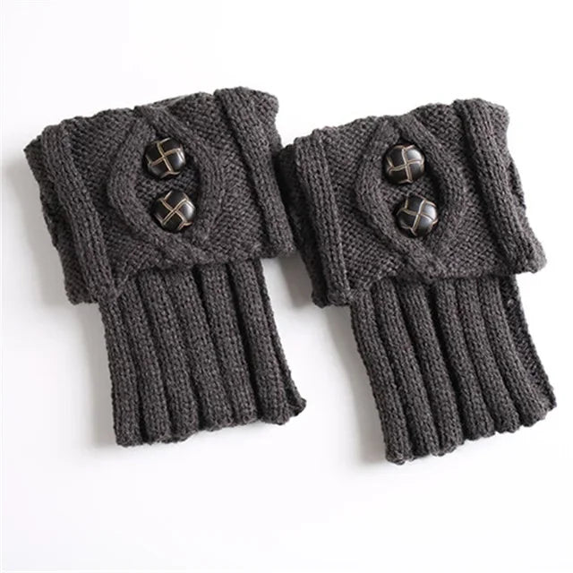 Pair of dark grey knit leg warmers with two buttons