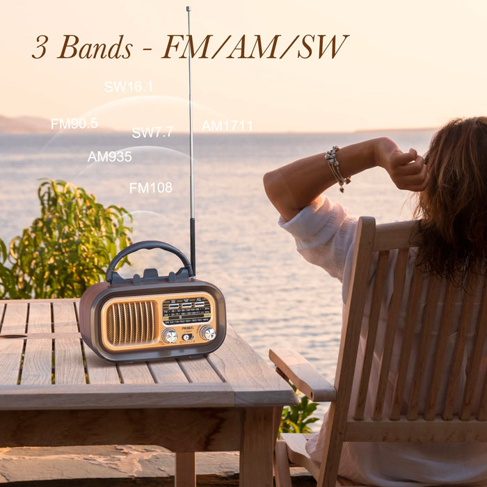 PRUNUS J-150 Retro Vintage Radio Bluetooth, Portable Radio AM FM Transistor Solar/Battery Operated Radio/Rechargeable Radio
