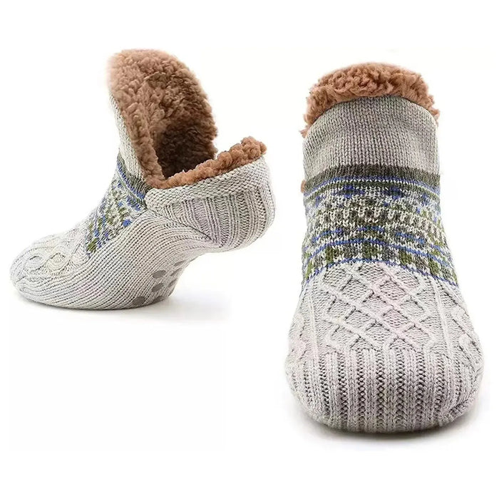 Fleece-lined slipper socks: Grey Fair Isle