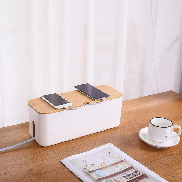 Cable Management Box, Bamboo Cover Wire Junction Board Storage Box, Hide Wires & Power Strips, Desk Computer Cable Organizer Box