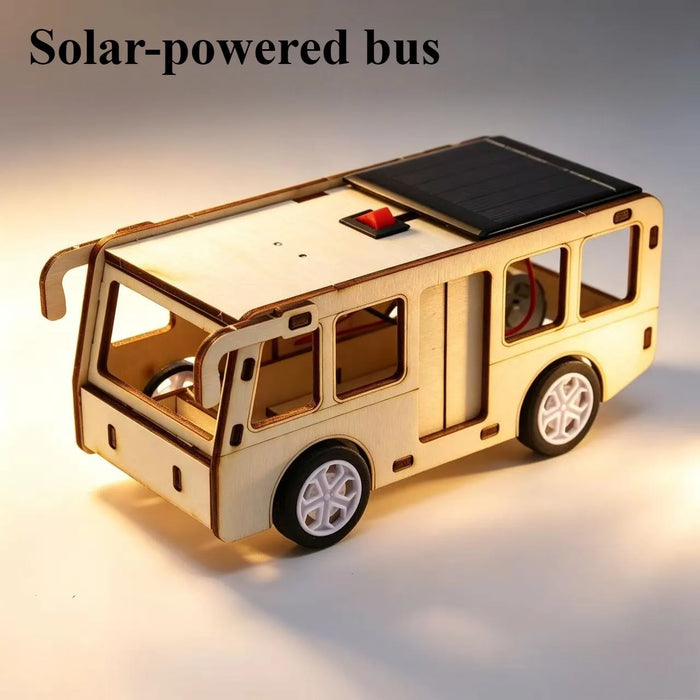 Solar-powered wooden bus model