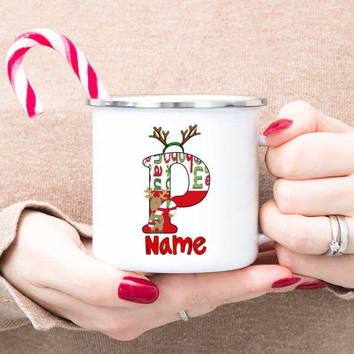 Personlized Reindeer Initial with Name Enamel Cups Christmas Hot Chocolate Mug