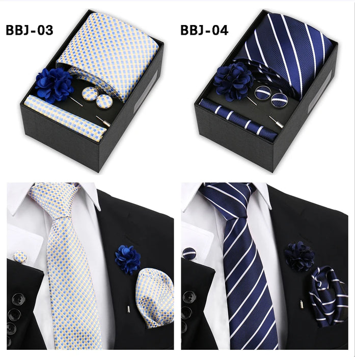 Four men's tie gift sets in assorted patterns with style codes