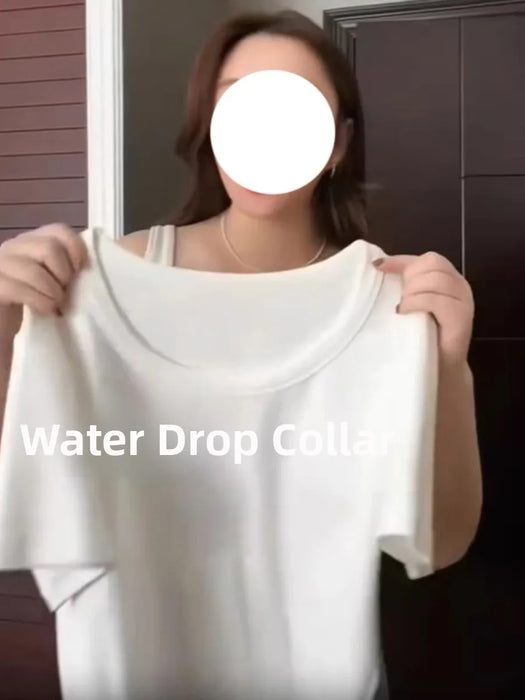 plus Size White Short Sleeve U-Neck T-Shirt Women's Trendy Shoulder Appropriate Summer Slimming Belly Covering Korean Style